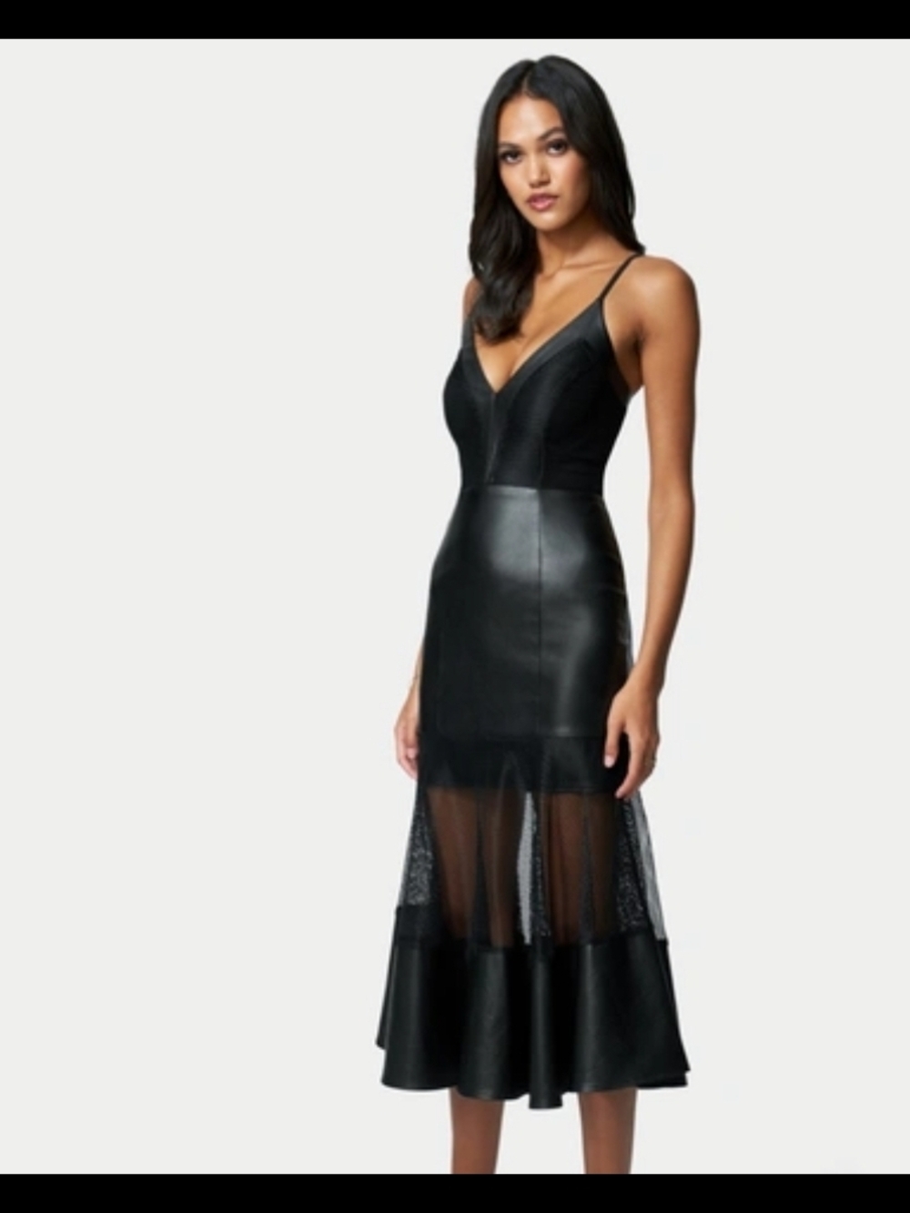 BEBE Black Faux Leather & Mesh Midi Dress